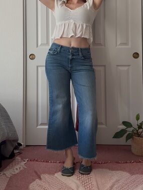 MOTHER Faded Blue Wide-Leg Raw Hem Jeans